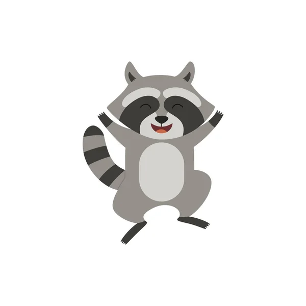 Cute Happy Baby Raccoon Character Jumping Cheerful Face Expression Funny — стоковый вектор