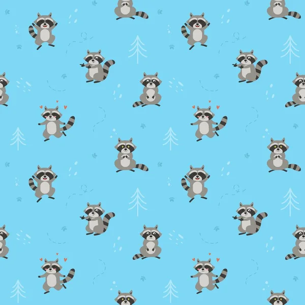 Seamless Pattern Design Funny Raccoon Flat Vector Illustration Blue Background — Wektor stockowy