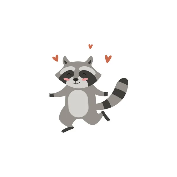 Lovely Happy Baby Raccoon Racoon Animal Character Running Surrounded Hearts — стоковый вектор