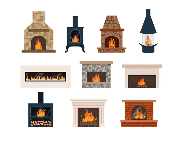 Various Fireplace Icons Classic Modern Home Fireplaces Flat Vector Illustration — ストックベクタ