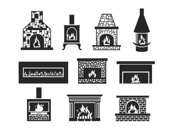 Fireplace Icon Set Black White Vector Illustration Isolated White Background — Wektor stockowy