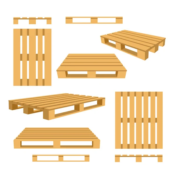 Wooden Pallets Cartoon Icons Symbols Set Different Angles Flat Vector — Vetor de Stock