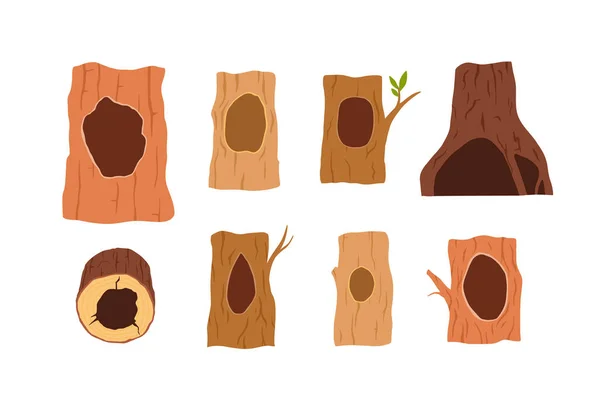 Hollow Hole Tree Set Illustrations White Background Vector Flat Animal — Vettoriale Stock