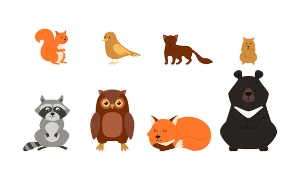 Forest Animals Set Illustrations White Background Vector Flat Squirrel Bird — 图库矢量图片