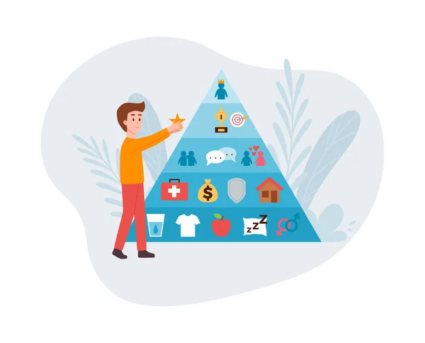 Man Putting Star Maslow Pyramid Needs Flat Vector Illustration Isolated — Image vectorielle
