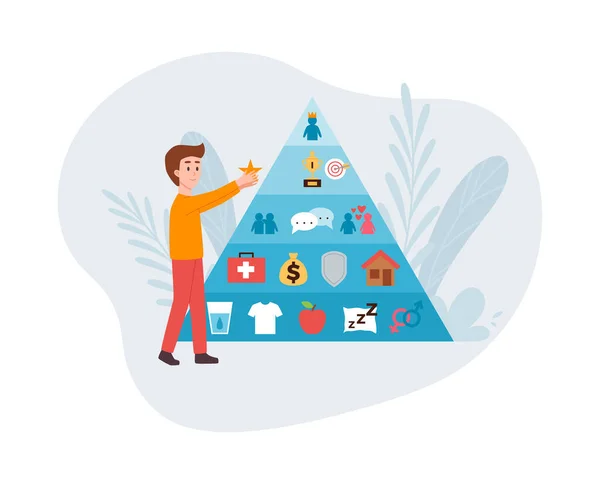 Man Putting Star Maslow Pyramid Needs Flat Vector Illustration Isolated — стоковый вектор