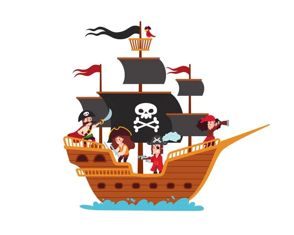 Pirate Ship White Background Vector Flat Illustration Pirates Ship Parrot — 图库矢量图片
