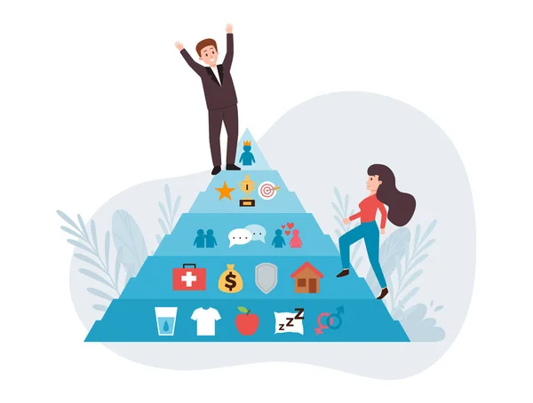 Man Woman Climbing Maslow Pyramid Flat Vector Illustration Isolated White — Archivo Imágenes Vectoriales
