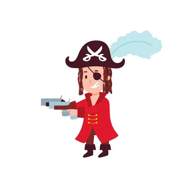 Funny Child Playing Pirates Flat Cartoon Vector Illustration Isolated White — Stockvektor
