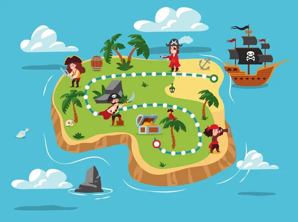 Pirates Island Pirate Ship Vector Flat Illustration Background Landscape Pirate — Stock vektor