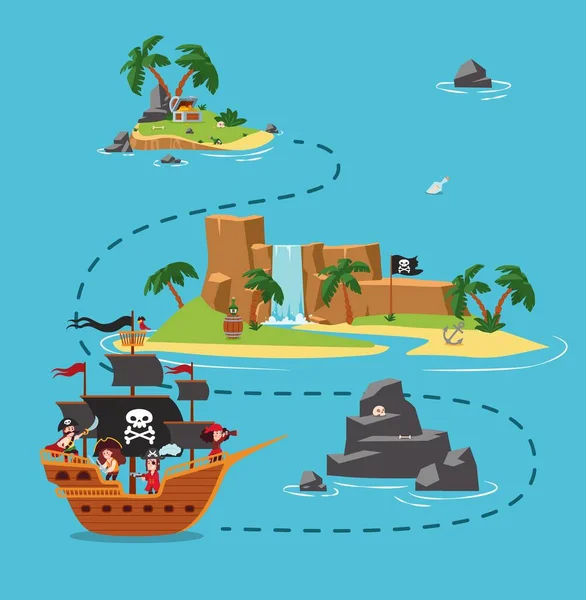 Pirates Treasure Island Map Route Uninhabited Isle Treasure Chest Flat — Vetor de Stock
