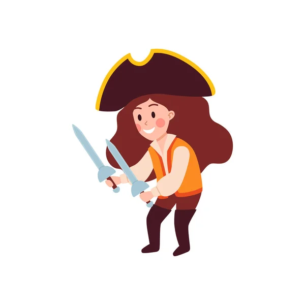 Funny Child Girl Costume Playing Pirates Flat Cartoon Vector Illustration — Stockvektor