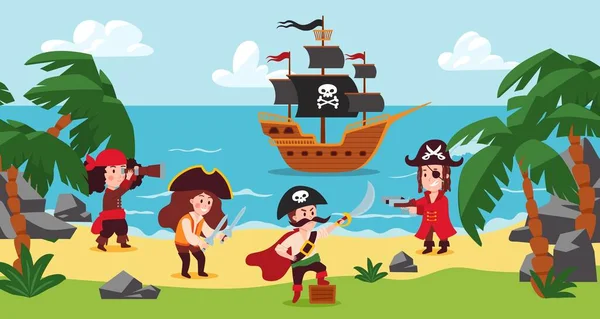 Marine Treasure Island Landscape Kids Pirate Party Uninhabited Isle Seascape — Vetor de Stock