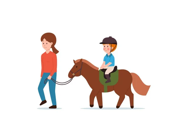 Child Boy Riding Horse Help Trainer Adult Horse Riding Lessons — Image vectorielle