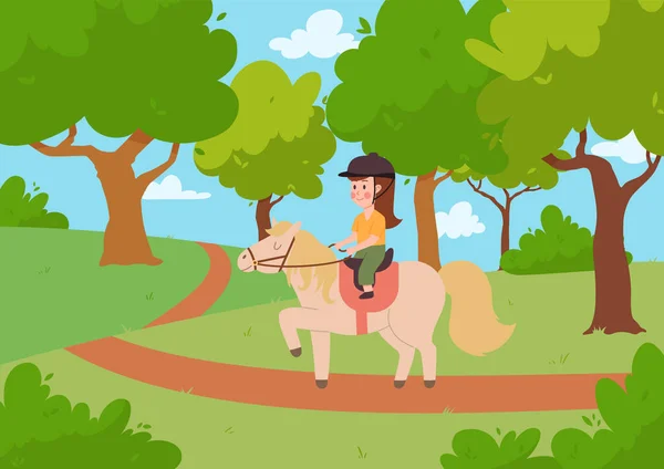 Girl Riding Horse Park Forest Child Jockey Pony Cartoon Flat — Archivo Imágenes Vectoriales