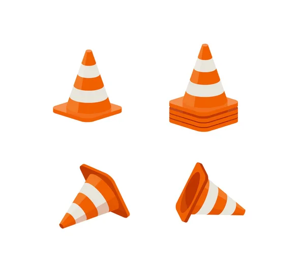 Striped Orange Plastic Traffic Cones Icons Set Flat Cartoon Vector — Image vectorielle