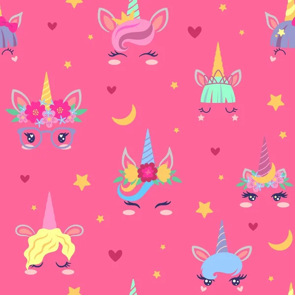 Fairy Unicorn Seamless Pattern Cartoon Flat Vector Illustration Pink Background — Archivo Imágenes Vectoriales
