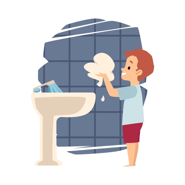 Child Plays Soap Suds While Washing Front Sink Bathroom Hygienic — Stock Vector