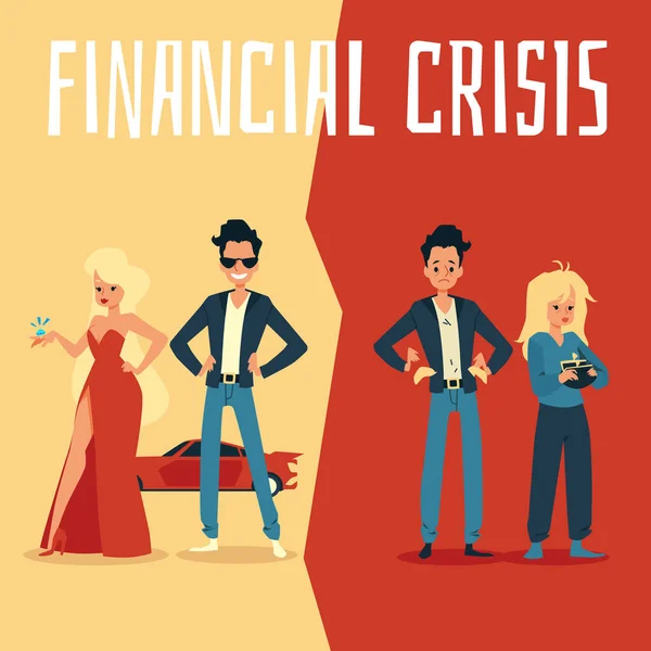 Financial Crisis Increasing Contrast Rich Poor People Flat Cartoon Vector — Vector de stock