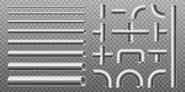 Steel Straight Curved Pipes Collection Realistic Vector Illustration Isolated Transparent — 스톡 벡터
