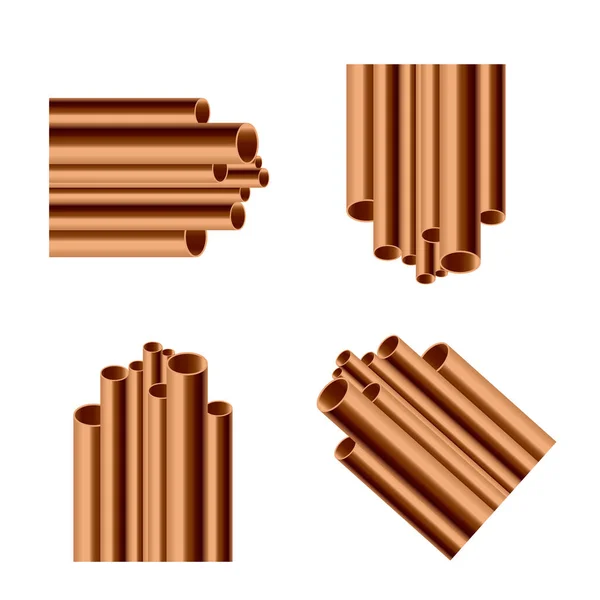 Cooper Pipes Set Laying Pile Realistic Mockup Vector Illustration Isolated — Image vectorielle