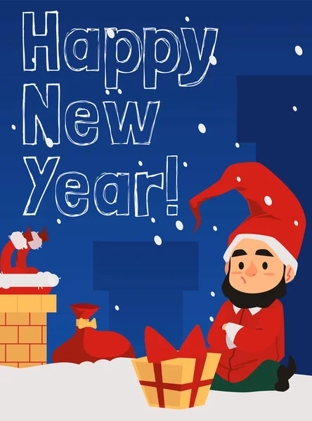 Greeting Winter Christmas Card Fairy Gnome Sitting Holiday Bag House — Stockový vektor