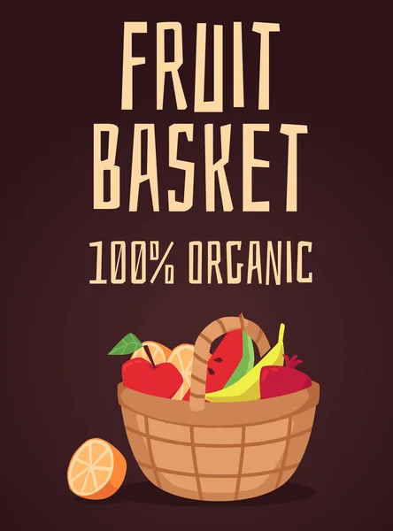 Fruit Basket Organic Food Advertising Banner Design Flat Vector Illustration — Stockvektor