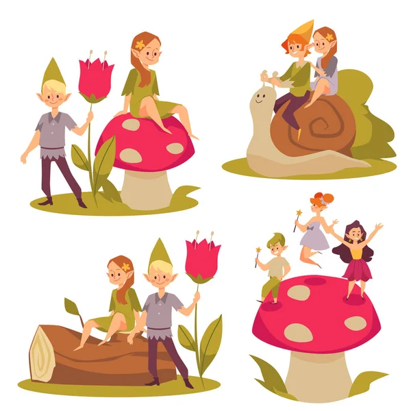 Scenes Fairy Pixie Boys Girls Riding Snail Cartoon Flat Vector — Image vectorielle