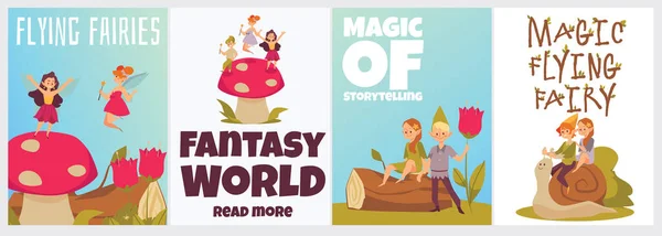 Little Flying Pixies Fairies Magic Wands Live Fantasy World Set — Stock Vector