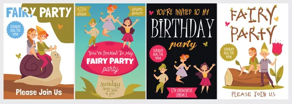 Fairy Birthday Party Children Invitation Posters Template Cute Pixies Cartoon — Archivo Imágenes Vectoriales