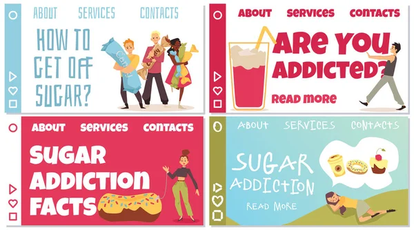 Sugar Glucose Addiction Problem Web Banners Bundle Flat Vector Illustration — Stok Vektör