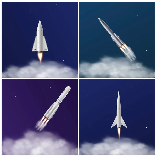 Rocket Space Jet Shuttle Launch Realistic Vector Illustration Set Spaceship - Stok Vektor