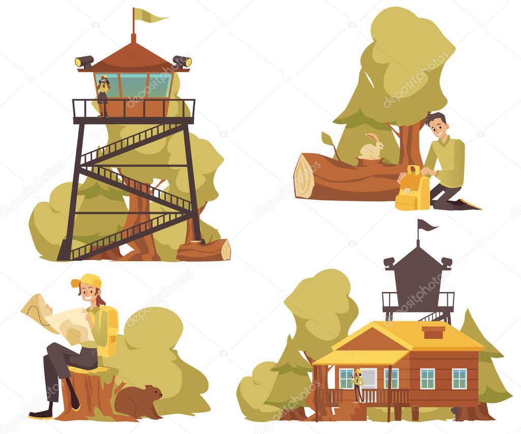 Forest and Park Ranger cartoon vector set. Female ranger watch for fire in binoculars standing on lookout tower in the woods. Illustration of wildfire department cabin and forest guards and officers.