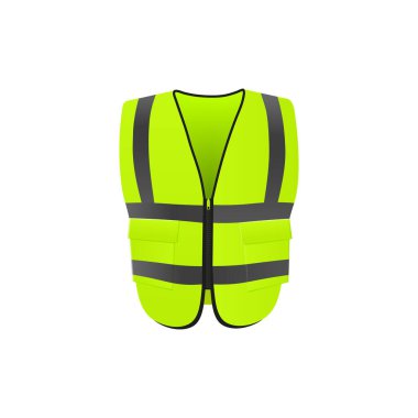 Safety vest in front with visible fluorescent reflective elements isolated on white. Yellow emergency jacket in flat vector illustration. Protective workwear for engineer, car driver or builder