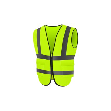 Safety vest with visible fluorescent reflective elements, sleeveless uniform isolated on white. Yellow emergency jacket in flat vector illustration. Protective workwear for engineer, driver or builder