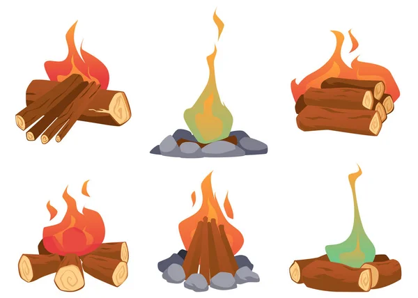 Burning Bonfires Campfires Woods Icons Set Flat Cartoon Vector Illustration — Stockvektor