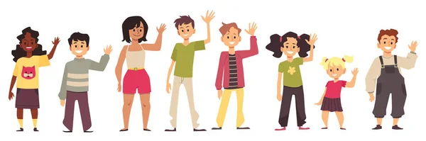 Boys Girls Waving Hands Sign Greeting Set Different Cartoon Kids — Image vectorielle