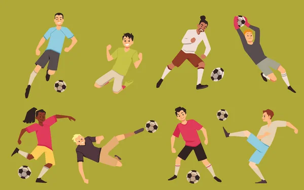 Men Team Soccer Players Cartoon Vector Avatars Different Poses Football — Vector de stock