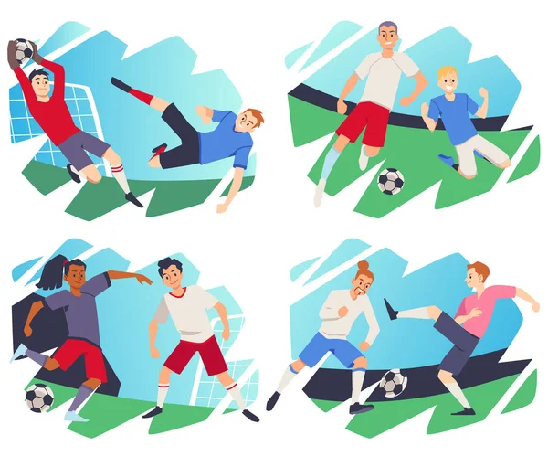 Players Playing Soccer Football Decorative Backdrop Flat Cartoon Vector Illustration — Vettoriale Stock