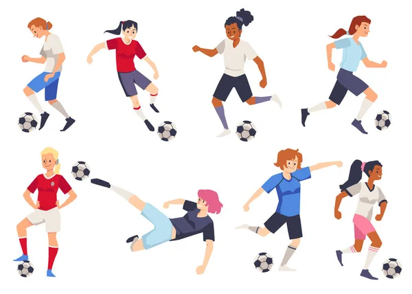 Soccer Female Players Characters Set Flat Cartoon Vector Illustration Isolated — 图库矢量图片