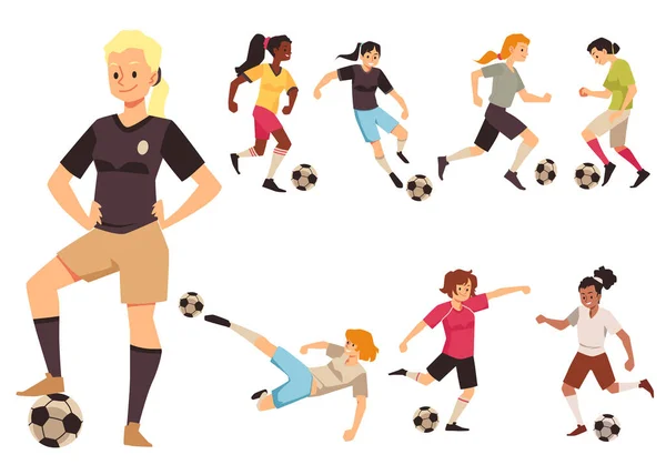 Female Soccer Players Woman Football Team Various Pose Flat Vector — 图库矢量图片