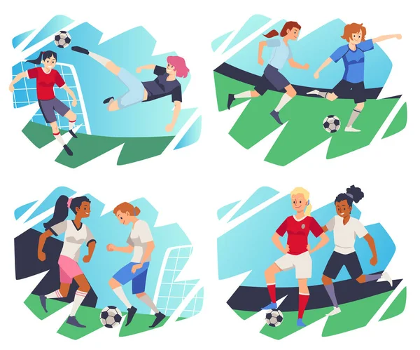 Female Team Players Playing Soccer Football Decorative Backdrop Set Cartoon — Stockvektor