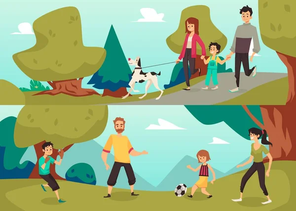 Happy Family Playing Football Walking Dog Flat Vector Illustration Set — Wektor stockowy