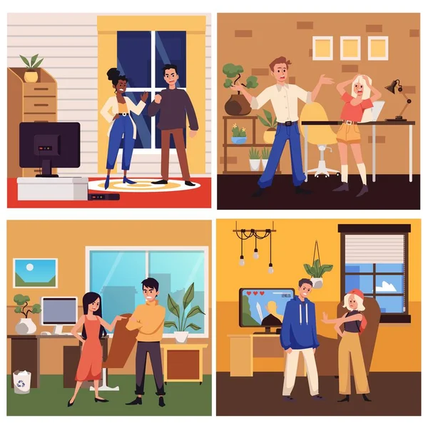 Angry Couple Arguing Problems Conflicts Home Flat Vector Illustration Set — Vettoriale Stock