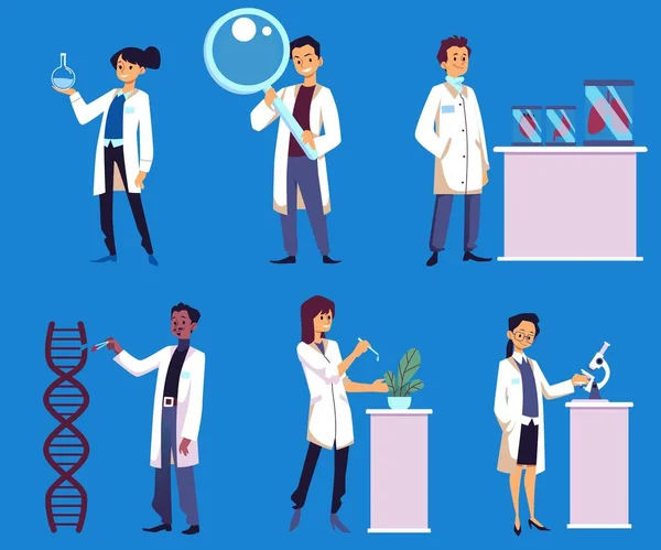 Επιστήμονες Χαρακτήρες Διεξάγουν Πειράματα Στη Βιοτεχνολογία Γονιδιακή Θεραπεία Βιομηχανική Εργαστηριακή — Διανυσματικό Αρχείο