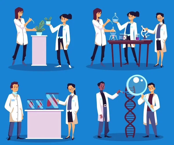 Biotechnology Gene Therapy Bioengineering Biochemistry Laboratory Research Characters Set Cartoon — Stock vektor