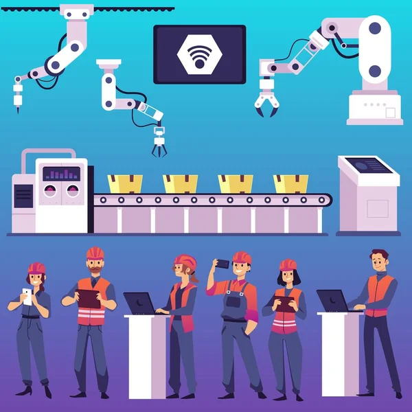 Smart Industry Workers Cyber Physical Robotic System Equipment Set Flat — Stok Vektör
