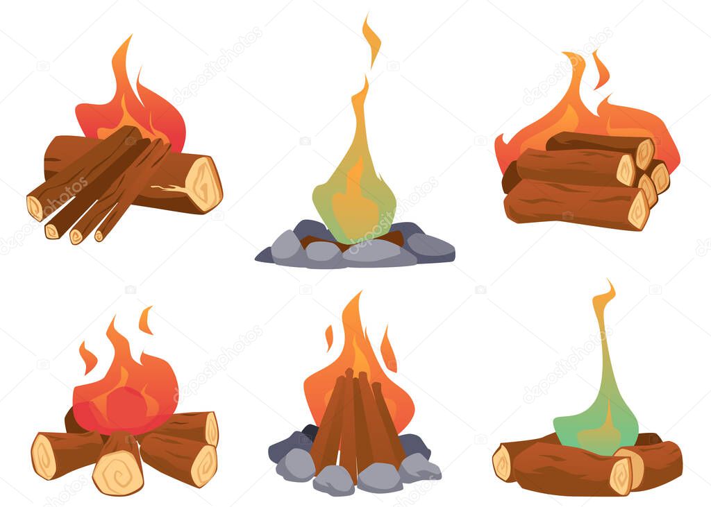 Burning bonfires or campfires with woods icons set, flat cartoon vector illustration isolated on white background. Firewood logs burning in fire collection.