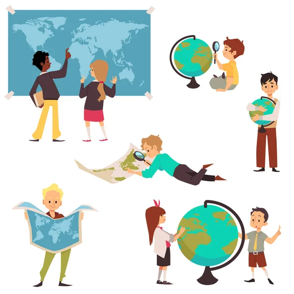 School Children Studying Geography Maps Globes Set Vector Illustrations Isolated — Image vectorielle