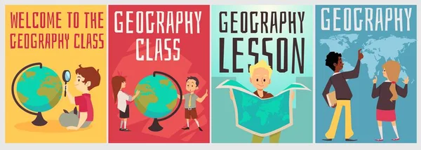 Geographic Education Kids Banners Children Studying World Flat Vector Illustration — Stockvector